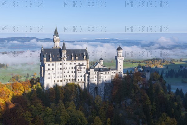 Impressive Neuschwanstein Castle perches over a green valley surrounded by autumnal forests and clouds, Schwangau near Füssen, Ostallgäu, Allgäu, Bavaria, Germany