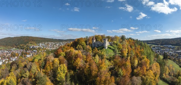 Aerial view, panorama of the ruins of Honburg Castle on the Honberg above the town of Tuttlingen, surrounded by autumn vegetation, Tuttlingen district, Black Forest, Baar, Heuberg, Baden-Württemberg, Germany
