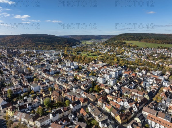 Aerial view of the city of Tuttlingen, residential buildings, residential areas, real estate surrounded by autumn vegetation, Tuttlingen district, Black Forest, Baar, Heuberg, Baden-Württemberg, Germany