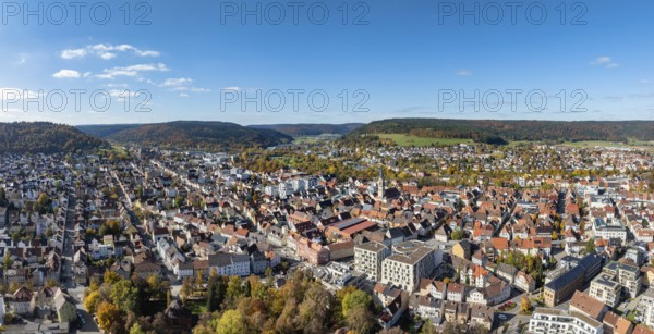Aerial view, panorama of the city of Tuttlingen, residential buildings, residential areas, real estate, surrounded by autumn vegetation, Tuttlingen district, Black Forest, Baar, Heuberg, Baden-Württemberg, Germany