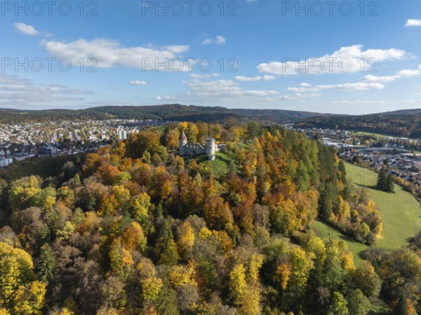 Aerial view of the ruins of Honburg Castle on the Honberg above the town of Tuttlingen, surrounded by autumn vegetation, Tuttlingen district, Black Forest, Baar, Heuberg, Baden-Württemberg, Germany