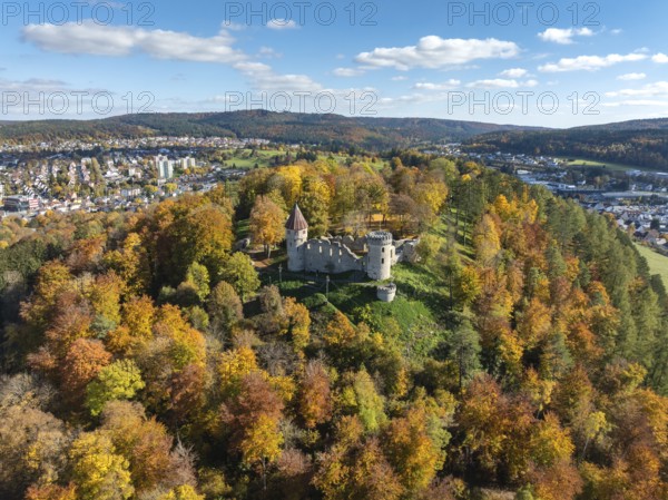 Aerial view of the ruins of Honburg Castle on the Honberg above the town of Tuttlingen, surrounded by autumn vegetation, Tuttlingen district, Black Forest, Baar, Heuberg, Baden-Württemberg, Germany