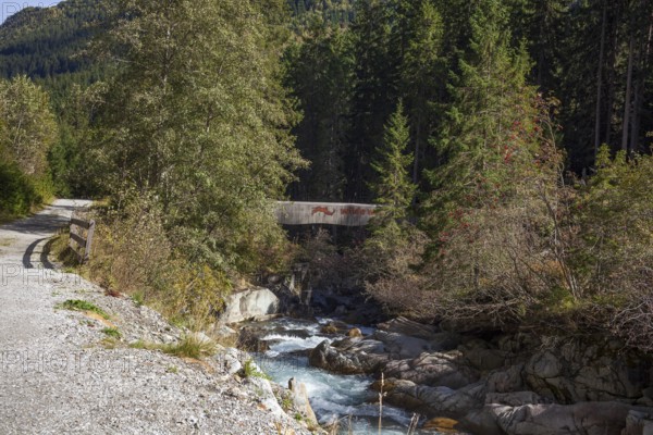 River Ruetz am Wilde Wasser Weg with hiking trail and bridge in autumn, WildeWasserweg, Stubai Valley, Tyrol, Austria