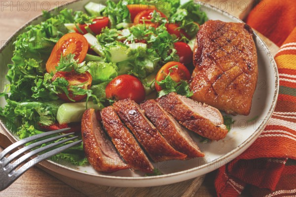 Delicious grilled duck breast served with fresh garden salad and cherry tomatoes at a rustic dining table
