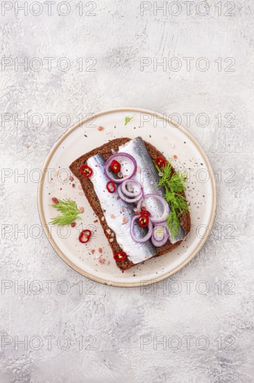 Sandwiches, Herring fish, on dark rye bread, sprinkled with onion, chili pepper and herbs, on a light plate
