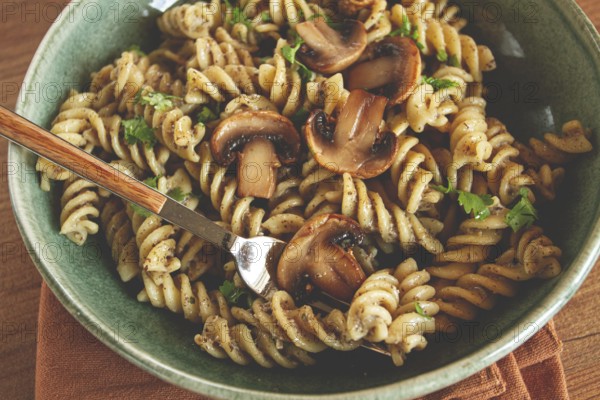 Fusilli pasta, in creamy mushroom sauce, pasta with mushrooms, homemade, no people