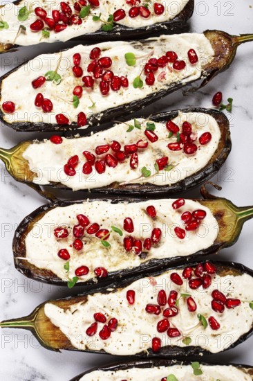 Fried eggplant with sauce, decorated with microgreens and pomegranate seeds, eggplant appetizer, top view, homemade, no people