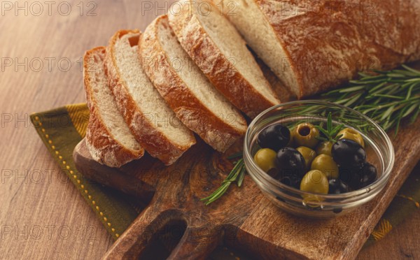 Sliced ciabatta, on a chopping board, with rosemary and olives, Italian bread, close-up, Italian cuisine, breakfast, no people