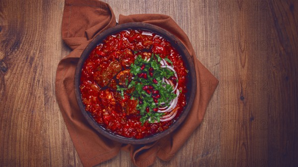 Chashushuli, a traditional Georgian dish, spicy, stewed meat with tomatoes and spices, homemade, no people