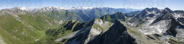 360° alpine panorama, aerial view with summit of Grossvenediger, Venediger Group and Lasörling Group, Hohe Tauern, Austria