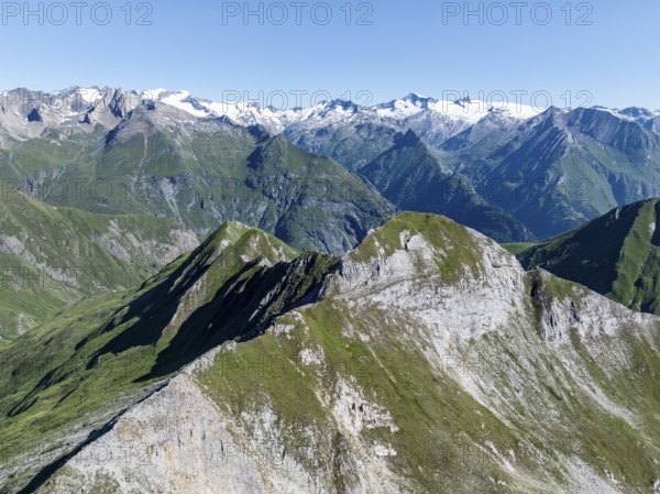 Alpine panorama, aerial view with summit of Großvenediger, Venediger Group and Lasörling Group, Hohe Tauern, Austria