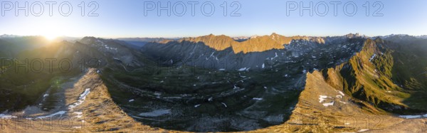 Sunrise 360° Alpine panorama, aerial view of Bachlenkenkopf, summit of the Großvenediger, Venediger Group and Lasörling Group, Hohe Tauern, Austria