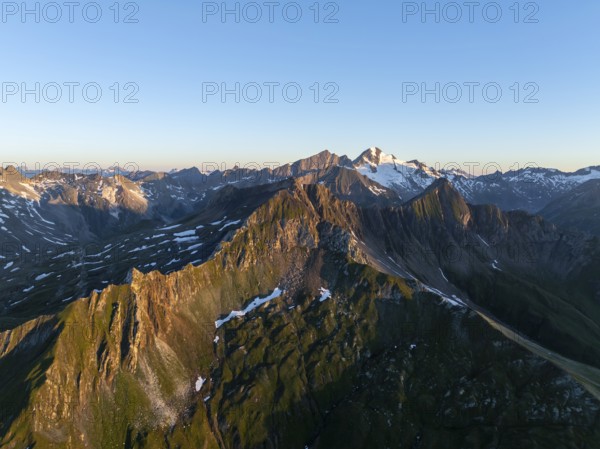 Alpine panorama, aerial view, summit of the Großvenediger, Venediger Group and Lasörling Group, Hohe Tauern, Austria