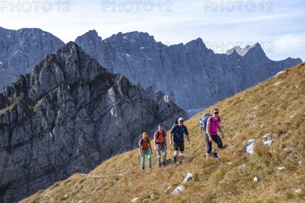 Female hiker on hiking trail, hiking to Gamsjoch, eastern Karwendel, Tyrol, Austria
