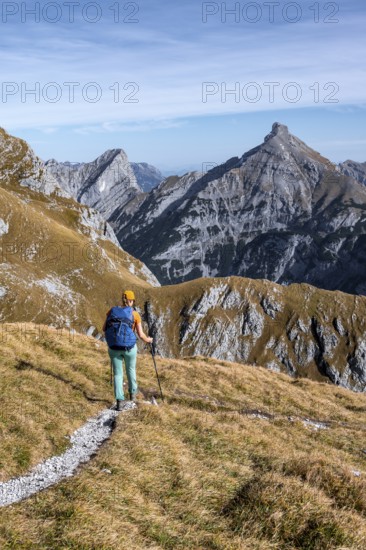 Female hiker on hiking trail, hiking to Gamsjoch, eastern Karwendel, Tyrol, Austria
