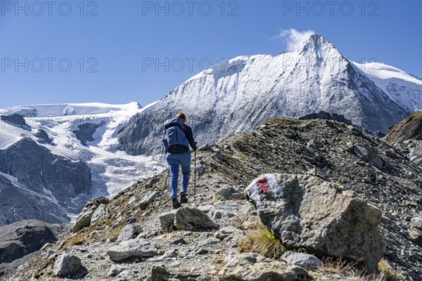 Female hiker hiking on a rocky path towards snow-covered mountain peaks under clear skies, Mont Blanc de Cheilon mountain summit with glacier, Hérménence, Valais Alps, Valais, Switzerland