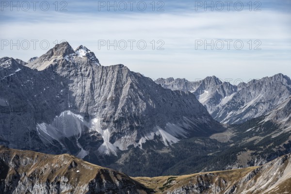 Majestic mountain landscape with high peaks and clear skies, eastern Karwendel, Tyrol, Austria