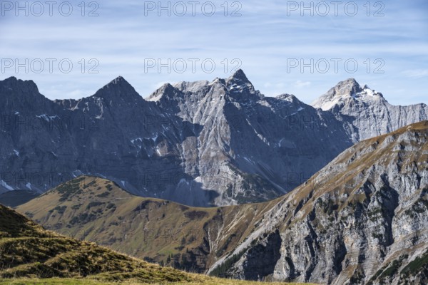 Dreizinkenspitze and Laliederer Wand, impressive rock formation in a mountain landscape, eastern Karwendel, Tyrol, Austria