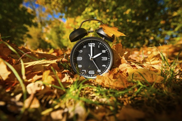 Alarm clock between autumn leaves, symbolic photo of time change and winter time
