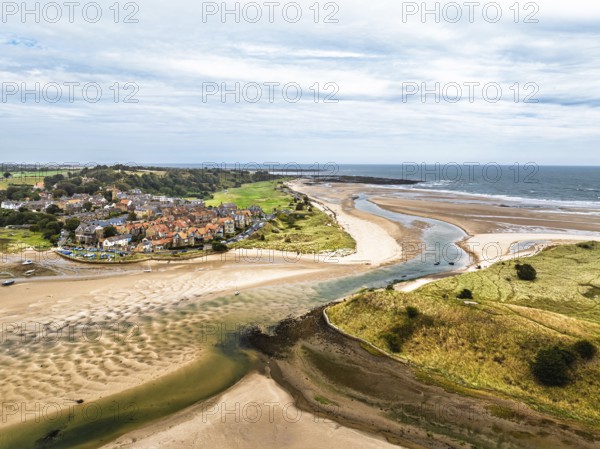 Alnmouth and River Aln Estuary from drone, Alnwick, Northumberland, England, United Kingdom