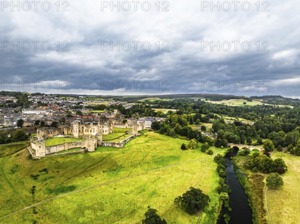 Alnwick Castle from a drone, Alnwick, Northumberland, England, United Kingdom