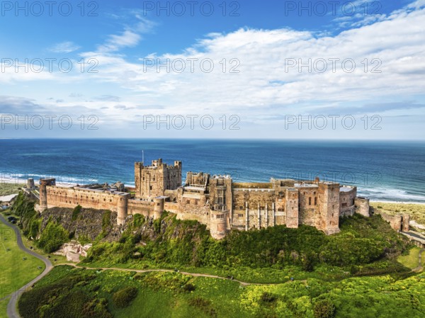 Bamburgh Castle from a drone, Northumberland, Northeast Coast, England, United Kingdom