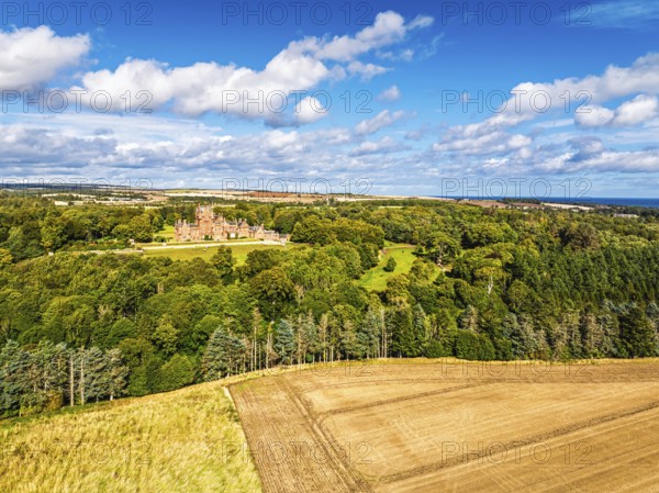 Ayton Castle from a drone, Ayton, Eyemouth, Scottish Borders, Scotland, UK