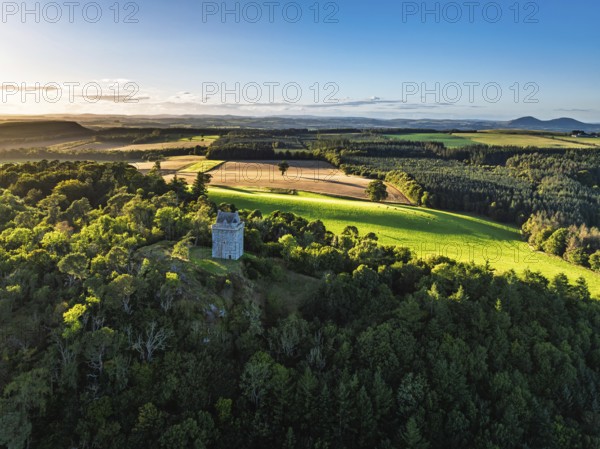 Fatlips Castle from a drone, Minto Crags, River Teviot, Roxburghshire, Scottish Borders, Scotland, UK