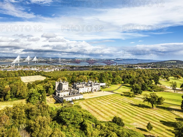 Dundas Castle over South Queensferry from a drone, Edinburgh, Scotland, UK