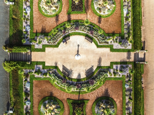 Top Down view over Italian Garden in Abbey Park from drone, Torquay, Torbay, Devon, England, United Kingdom