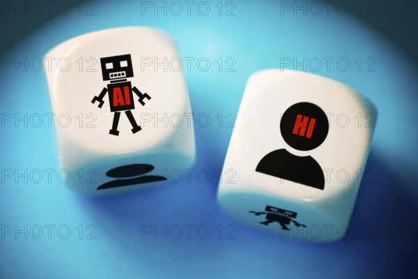 Two dice with human and AI symbols and the inscriptions AI artificial intelligence and HI human intelligence, photo montage
