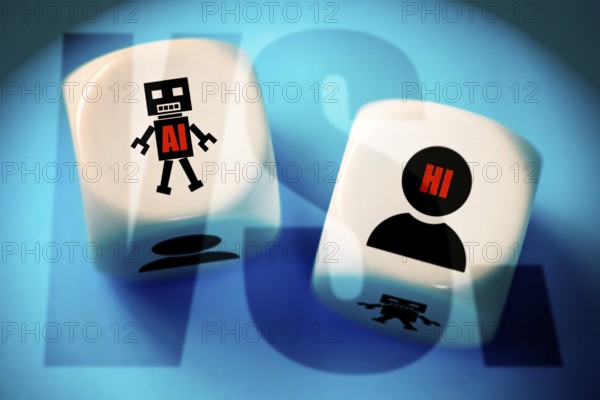 Two dice with human and AI symbols and the inscriptions AI artificial intelligence and HI human intelligence, AI vs. HI, photo montage