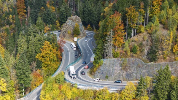 Kreuzfelsenkurve, Bundesstraße 31. The most spectacular curve in the Black Forest in autumn. Drone photo. Breitnau, Baden-Württemberg, Germany