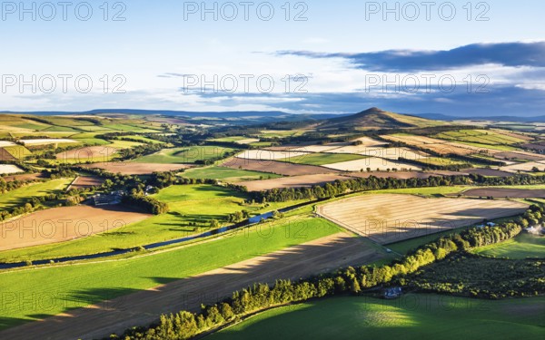 DeFields and Farms over River Teviot and Minto Crags from a drone, Roxburghshire, Scottish Borders, Scotland, UKault