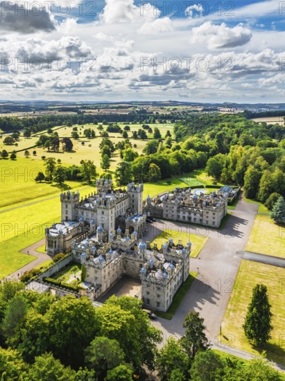 Floors Castle and garden from a drone, Duke of Roxburghe, Roxburghshire, Scotland, UK