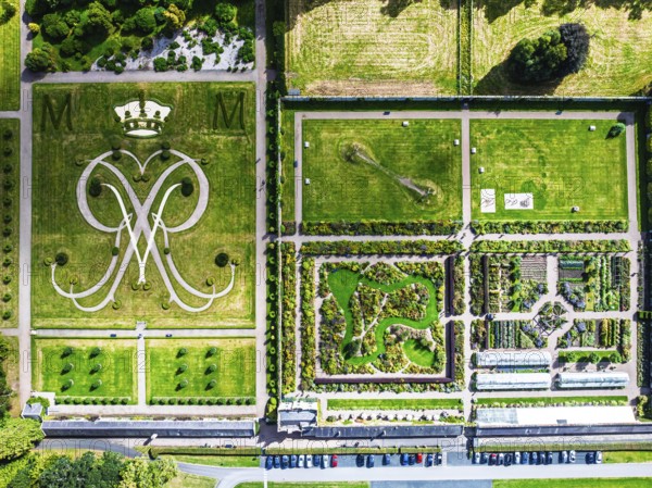 Top Down view over Gardens of Floors Castle from a drone, Duke of Roxburghe, Roxburghshire, Scotland, UK