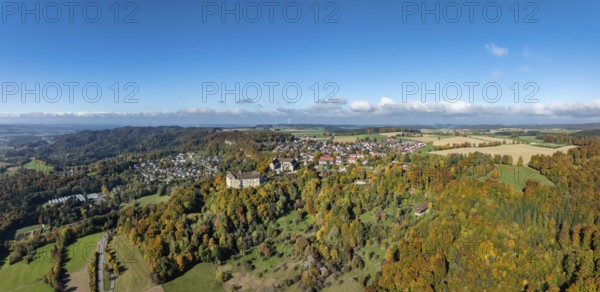 Aerial view, panorama of Heiligenberg Castle, a Renaissance-style palace complex, Tübingen administrative district, Lake Constance, Linzgau, Baden-Württemberg, Germany