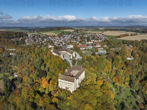 Aerial view of Heiligenberg Castle, a Renaissance-style palace complex, Tübingen administrative district, Lake Constance, Linzgau, Baden-Württemberg, Germany