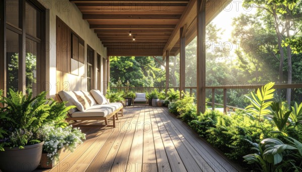 An eco-friendly porch designed for sustainable living in an environmentally-conscious home, lush greenery, landscape bathed in warm sunlight, AI generated