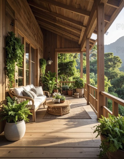An eco-friendly porch designed for sustainable living in an environmentally-conscious home, lush greenery, landscape bathed in warm sunlight, AI generated