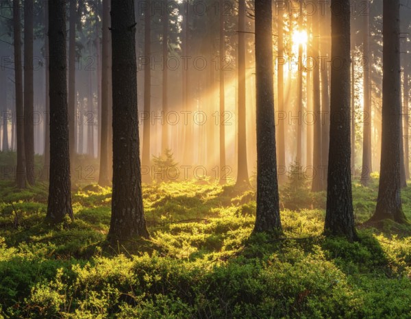 Sunlight streaming through a dense, misty forest, Fog covered forest in summer with mystic golden sunlight, spring morning landscape, backlight sunshine with sunbeams, AI generated