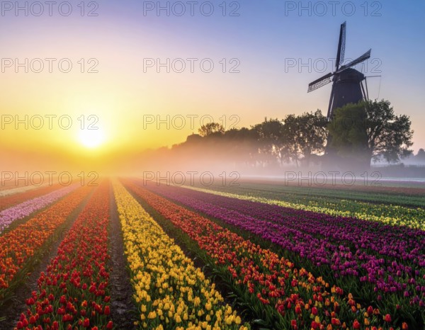 Fog covered landscape in sunrise with tulip fields and windmill in background, AI generated