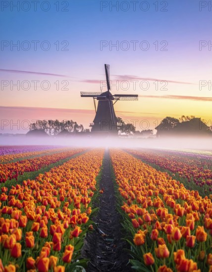 Fog covered landscape in sunrise with tulip fields and windmill in background, AI generated
