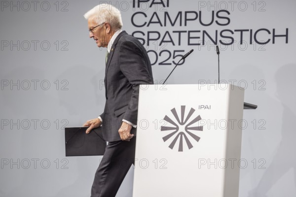Winfried Kretschmann (Greens), Minister-President of Baden-Württemberg. Step away from the lectern. ground-breaking ceremony ceremony for the Artificial Intelligence Innovation Park (IPAI) . Heilbronn, Baden-Württemberg, Germany