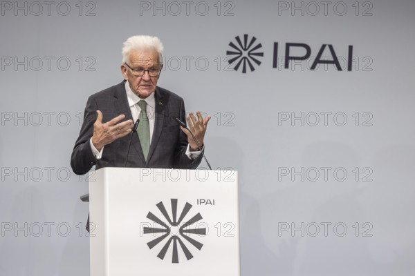 Winfried Kretschmann (Greens), Minister-President of Baden-Württemberg. portrait at the lectern with free text space. ground-breaking ceremony ceremony for the Innovation Park for Artificial Intelligence (IPAI), Heilbronn, Baden-Württemberg, Germany