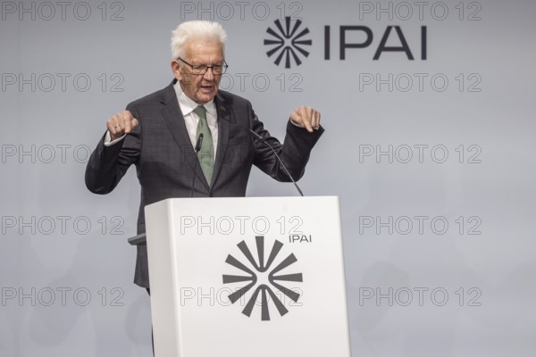 Winfried Kretschmann (Greens), Minister-President of Baden-Württemberg. portrait at the lectern with free text space. ground-breaking ceremony ceremony for the Artificial Intelligence Innovation Park (IPAI) . Heilbronn, Baden-Württemberg, Germany