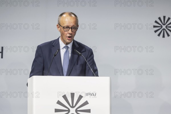 Federal Chancellor Friedrich Merz (CDU) . Portrait at the lectern with free text space. ground-breaking ceremony ceremony for the Artificial Intelligence Innovation Park (IPAI) . Heilbronn, Baden-Württemberg, Germany
