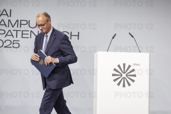 Federal Chancellor Friedrich Merz (CDU) . Step away from the lectern. ground-breaking ceremony ceremony for the Artificial Intelligence Innovation Park (IPAI) . Heilbronn, Baden-Württemberg, Germany
