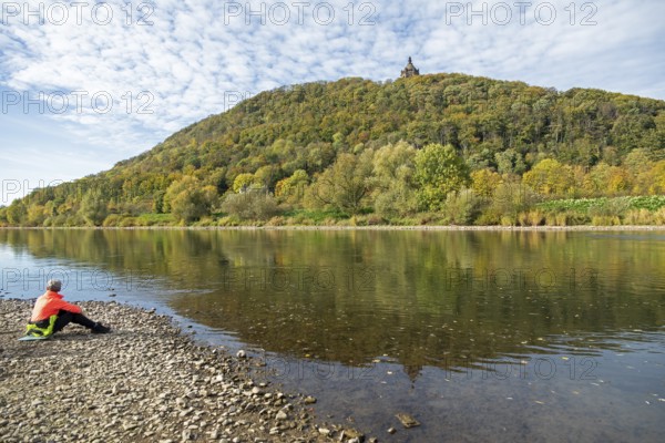 Mountain, forest, man, Weser, reflection, Kaiser Wilhelm Memorial, Porta Westfalica, North Rhine-Westphalia, Germany