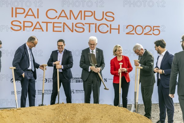 Ground-breaking ceremony ceremony for the Innovation Park for Artificial Intelligence (IPAI) in Heilbronn. From left, Federal Chancellor Merz, Gerd Chrzanowski (CEO, Schwarz Group), Winfried Kretschmann, Dr. Nicole Hoffmeister-Kraut (Minister of Economics BW), Thomas Strobl (Minister of the Interior and Deputy Minister of the Interior. MP BW), Moritz Gräter (IPAI CEO) . Heilbronn, Baden-Württemberg, Germany